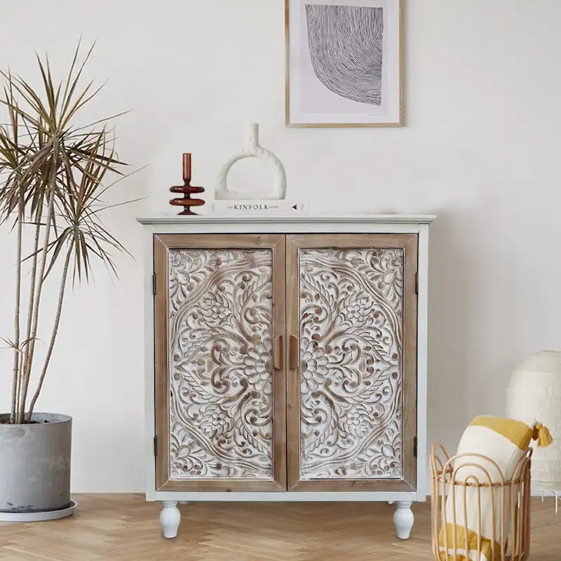 Vintage Free-Standing Buffet Cabinet with 2 Carved Doors,Brown and White, 34.5 H - 31.3x 14.2x 34.5