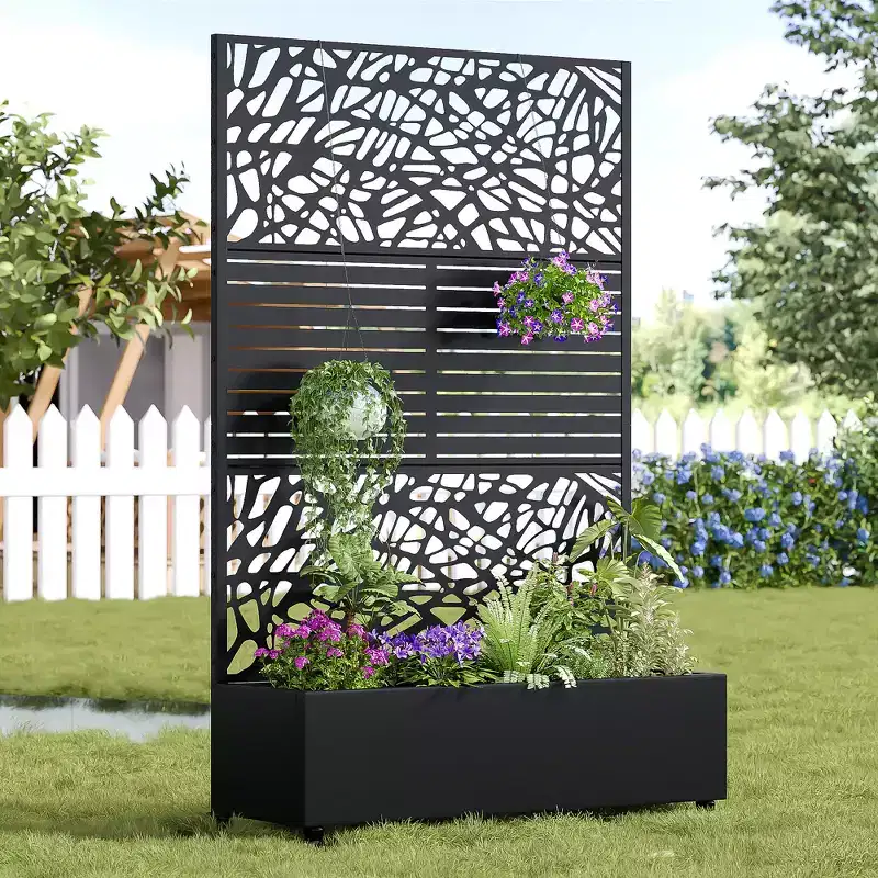 72H Black Metal Planter Box with Trellis Privacy Screen for Caf Patio,Garden & Balconies