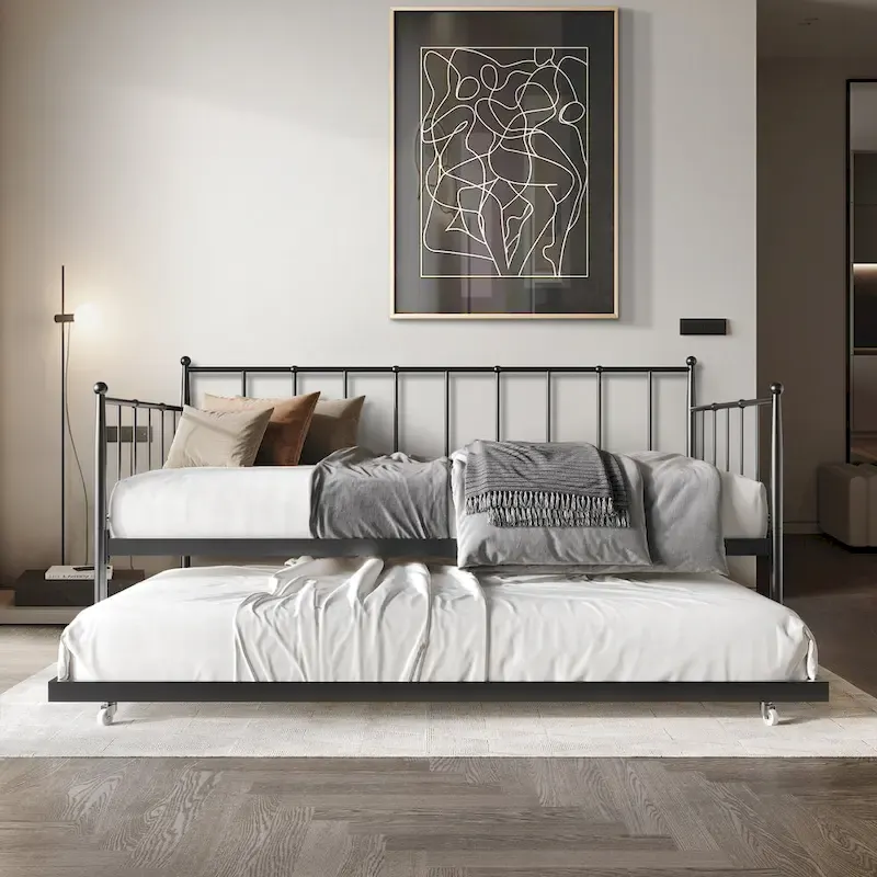 Minimalist Twin Metal Daybed with Roll-Out Trundle �� No Box Spring Needed | 3 Colors