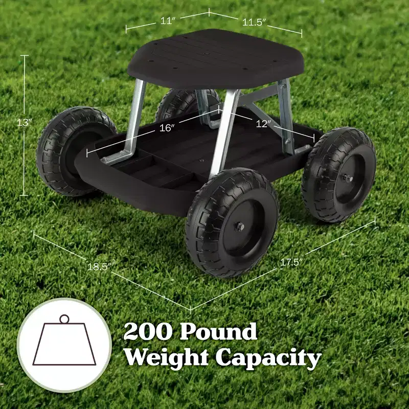 Garden Cart Rolling Stool Gardening Seat with Wheels and Tool Tray