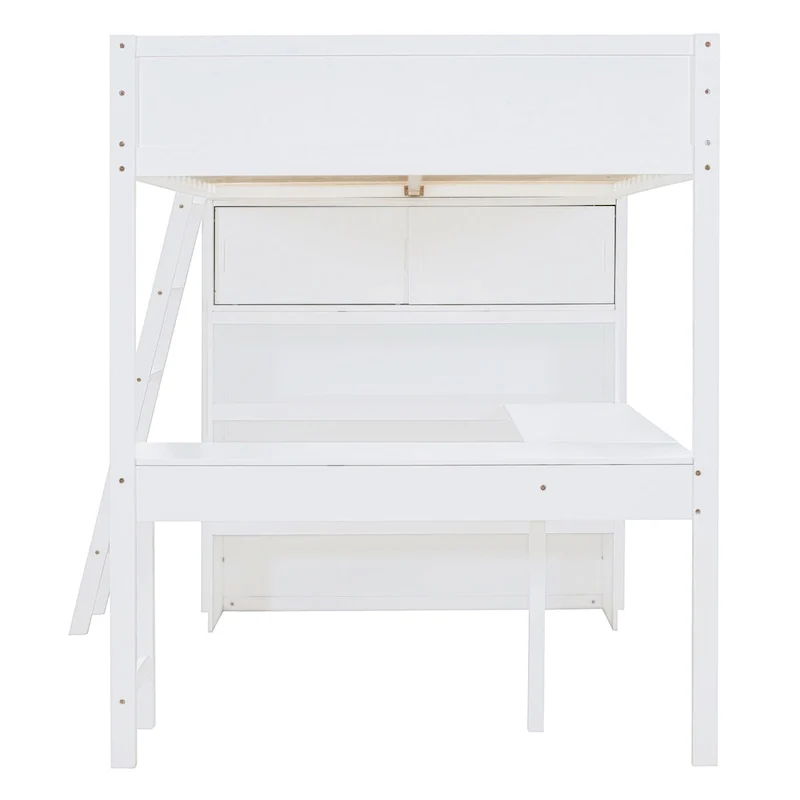 White Full Size Solid Wood Loft Bed with Desk and Storage Shelves