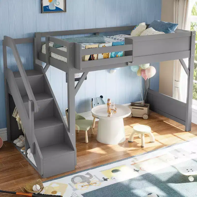 GDFStudio Elowyn Wood Loft Bed with Wardrobe and Storage