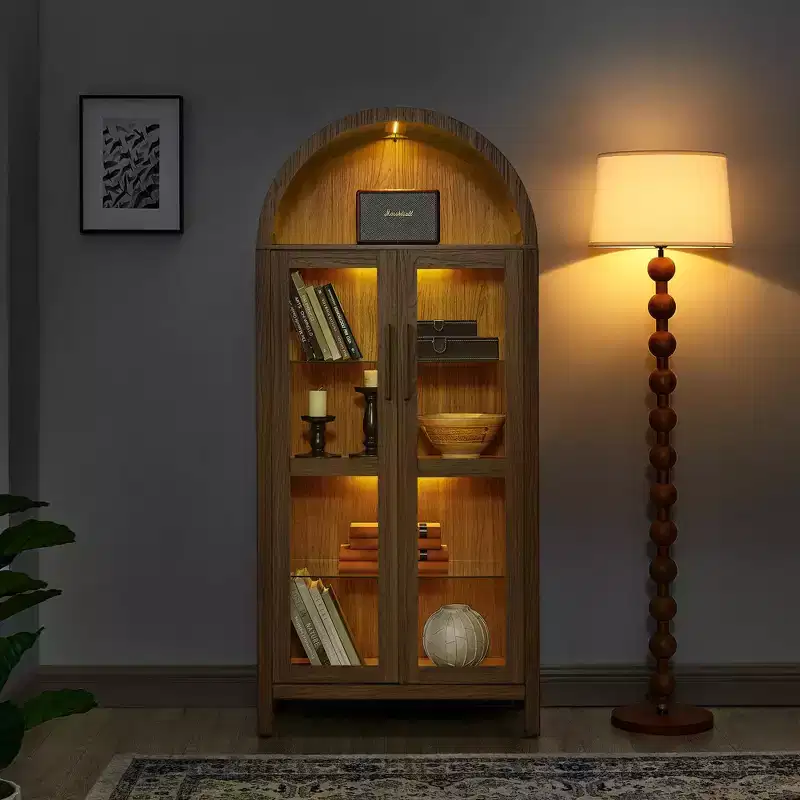 VIYET 67 Arched Storage Cabinet - LED Lamp, Brown MDF, Adjustable Glass Partitions
