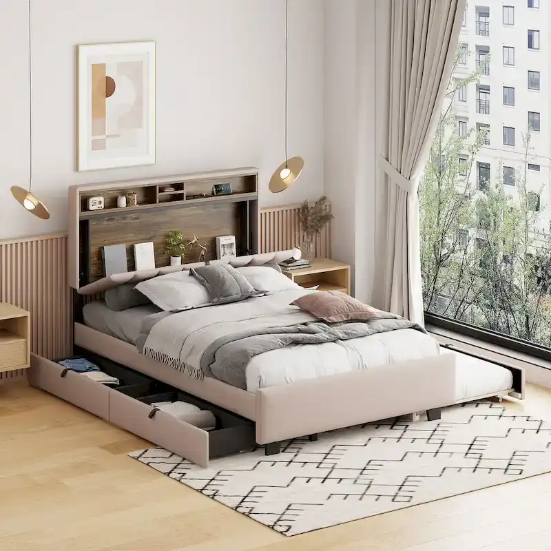 Beige Upholstered Platform Bed, Full Size with Storage Headboard, Twin XL Trundle & 2 Drawers