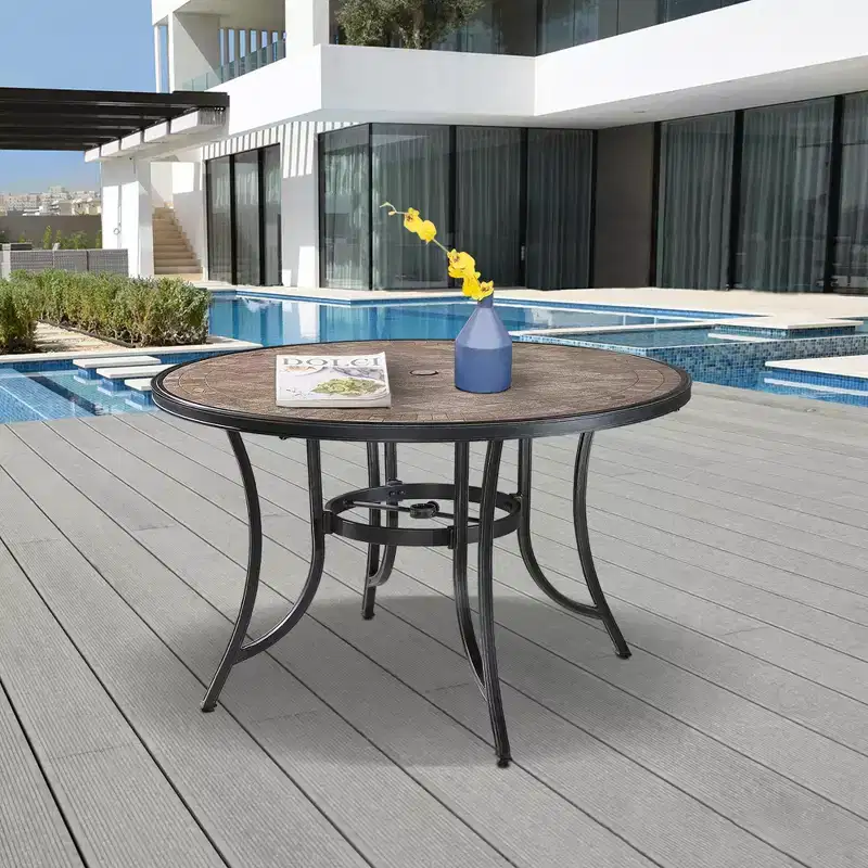 CLIHOME Outdoor 48 Round Porcelain Tile Cast Aluminum Dining Table With Umbrella Hole