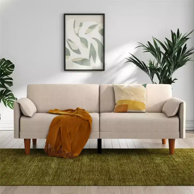 Novogratz Markham 3-Seater Futon Bed with 2 Attached Cushions, Sand Basket Weave
