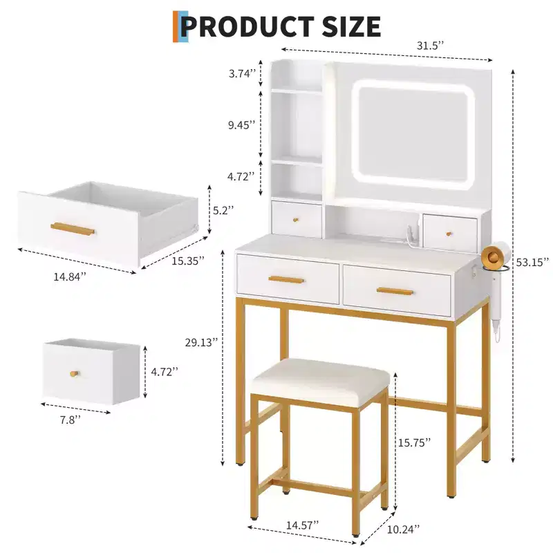 Vanity with mirror and light, 4 drawers and 2 storage shelves, LED light vanity, 3 lighting modes, perfect for the bedroom