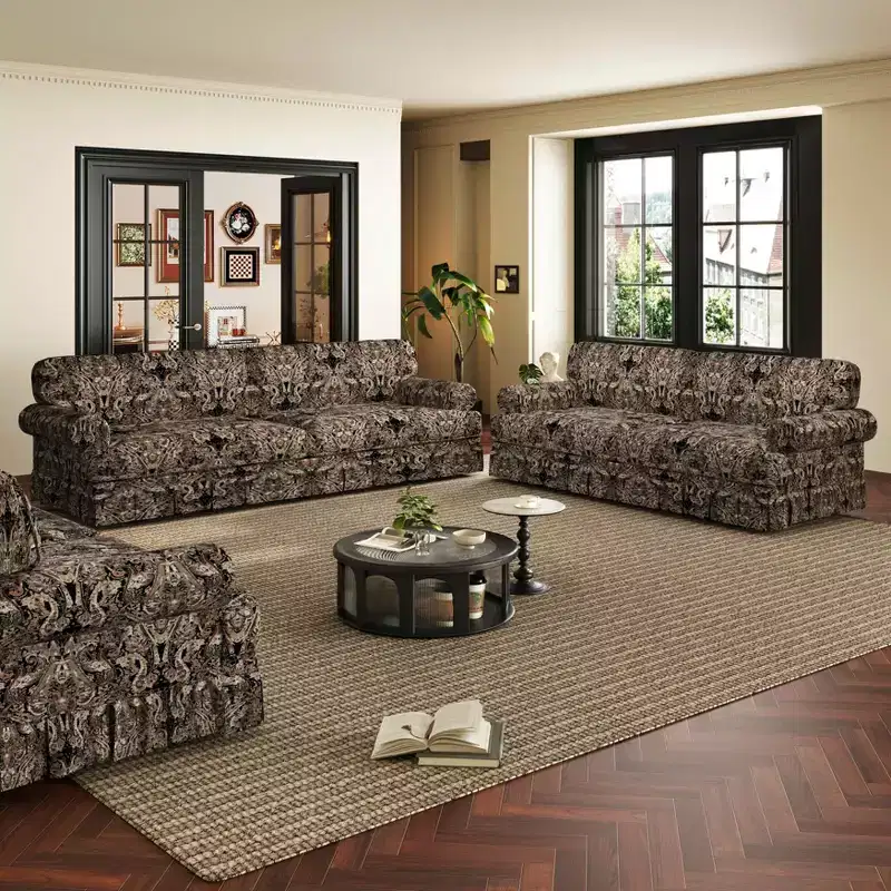 MAYEERTY Luxuriously Comfortable 3&4 Seater Cloud Couch, Chenille Fabric Sofa with Rolled Arms & Pleated Skrit Black Foral