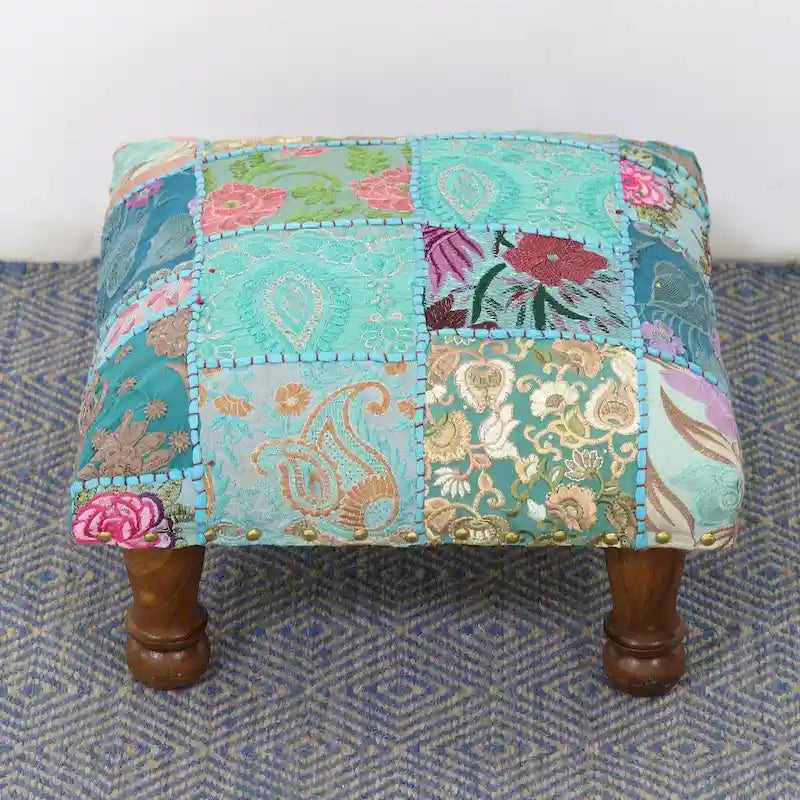 Handmade Embellished Ottoman, Rajasthani Patchwork (India)