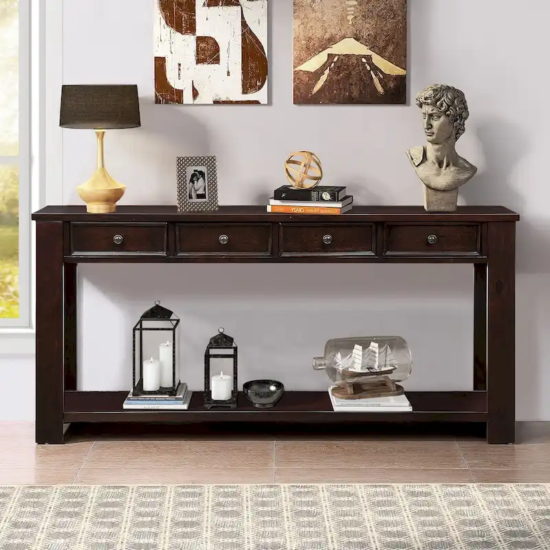 63 Pine Wood Console Table with 4 Drawers and 1 Bottom Shelf