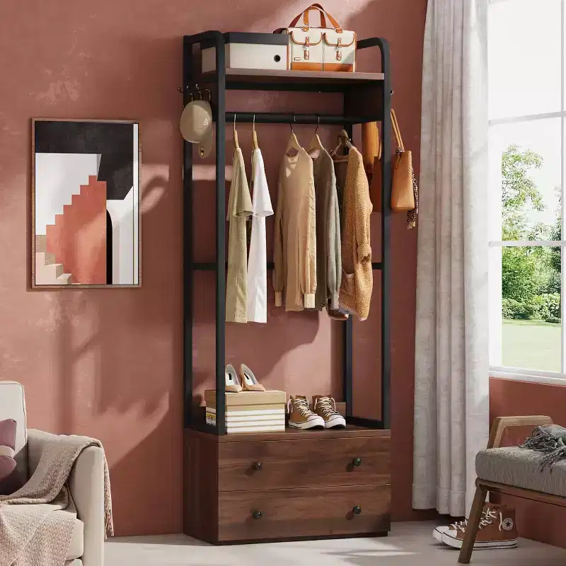 Lantine Freestanding Closet Organizer, Small Clothes Rack with Drawers and Shelves, Heavy Duty Garment Rack for Hallway, Entryway, Bedroom
