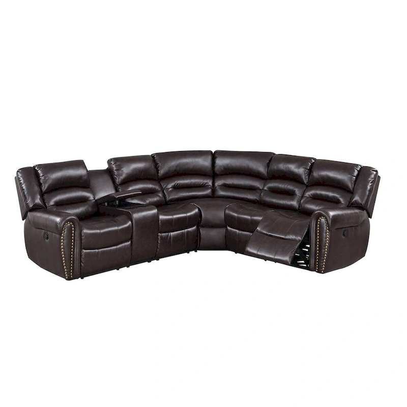 Qox Power Reclining Sectional Sofa Set, USB Port, Bonded Leather, Brown