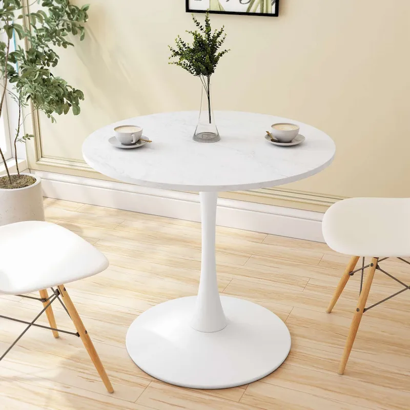 32-Inch Round Dining Table with Marble-Print MDF Top and Metal Base