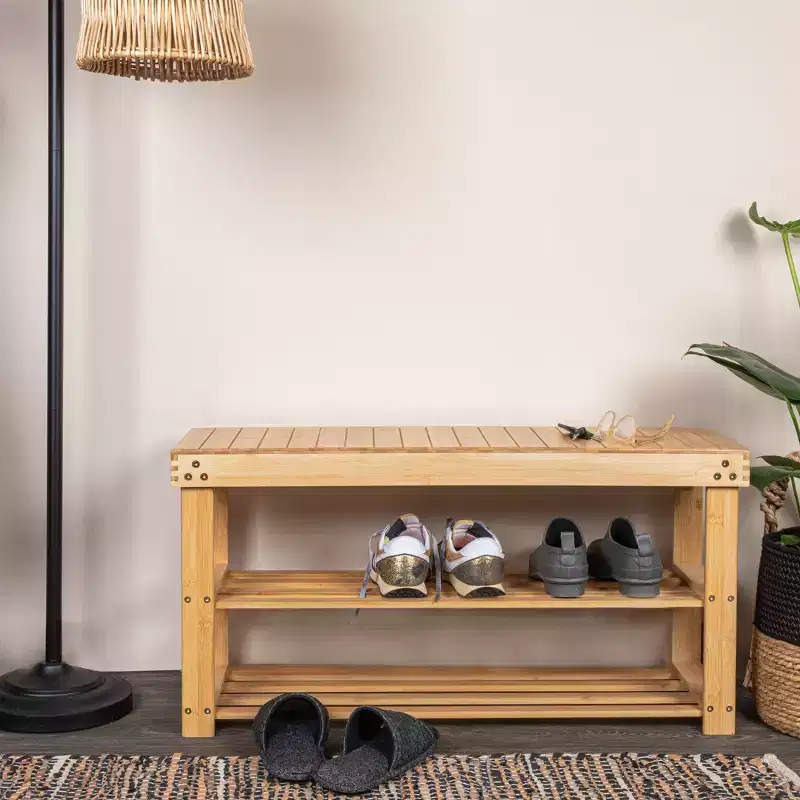2-Shelf Bamboo Bench, Slatted Bench Seat with Storage Shelves, Sturdy, Lightweight, Versatile and Stylish, Natural