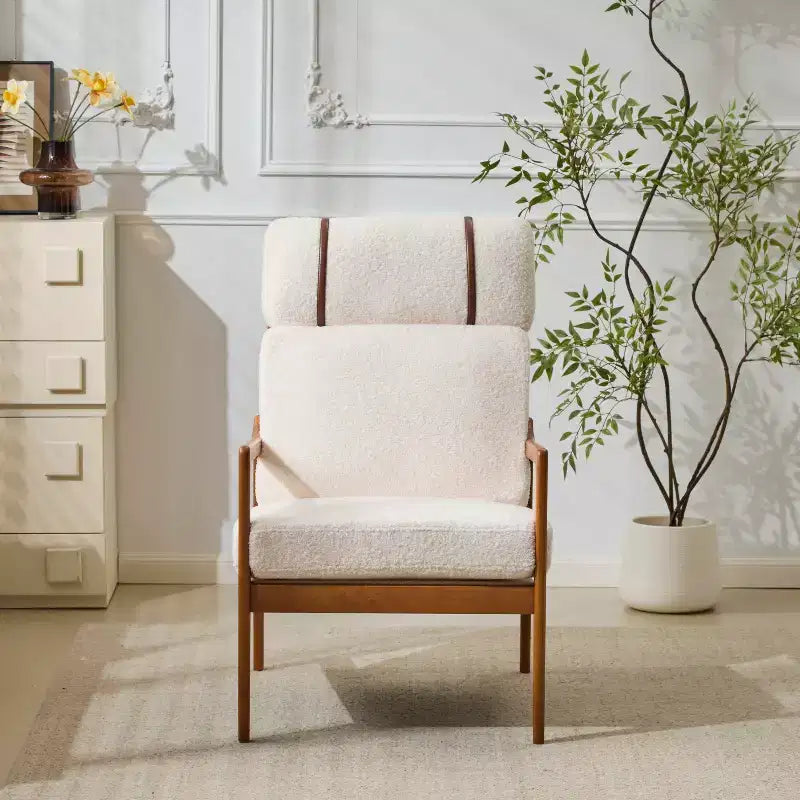 Mid-Century Modern Wooden Armchair with High Back and Cushions