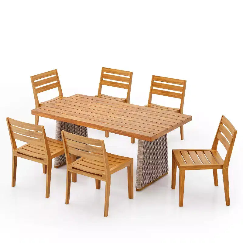 Christopher Knight Home Penelope Rustic 7 Piece Outdoor Acacia Wood Slatted Dining Set with Rattan Table