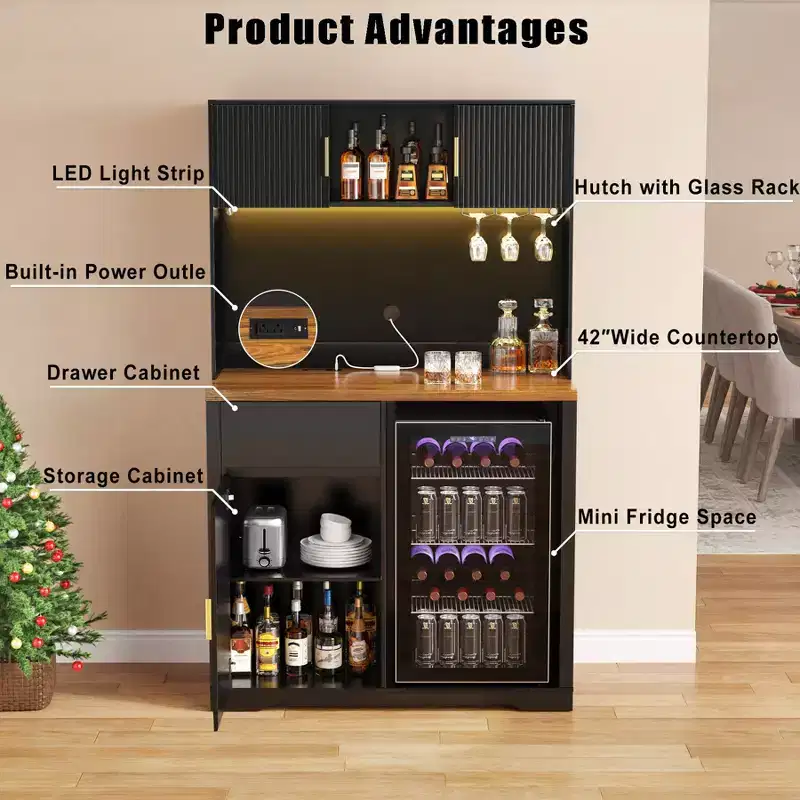 GDLF 72 Tall Bar Cabinet with Fridge Space, Fluted Coffee Liquor Hutch Cabinet with Storage