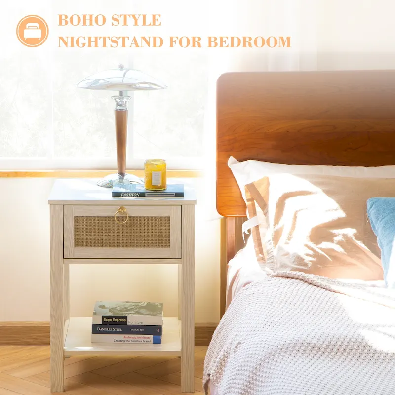 SICOTAS Farmhouse 1-Drawer Rattan Nightstand Set of 2