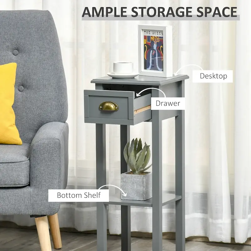 HOMCOM 2-Tier Night Stand with Drawer, Narrow End Table with Bottom Shelf, for Living Room or Bedroom