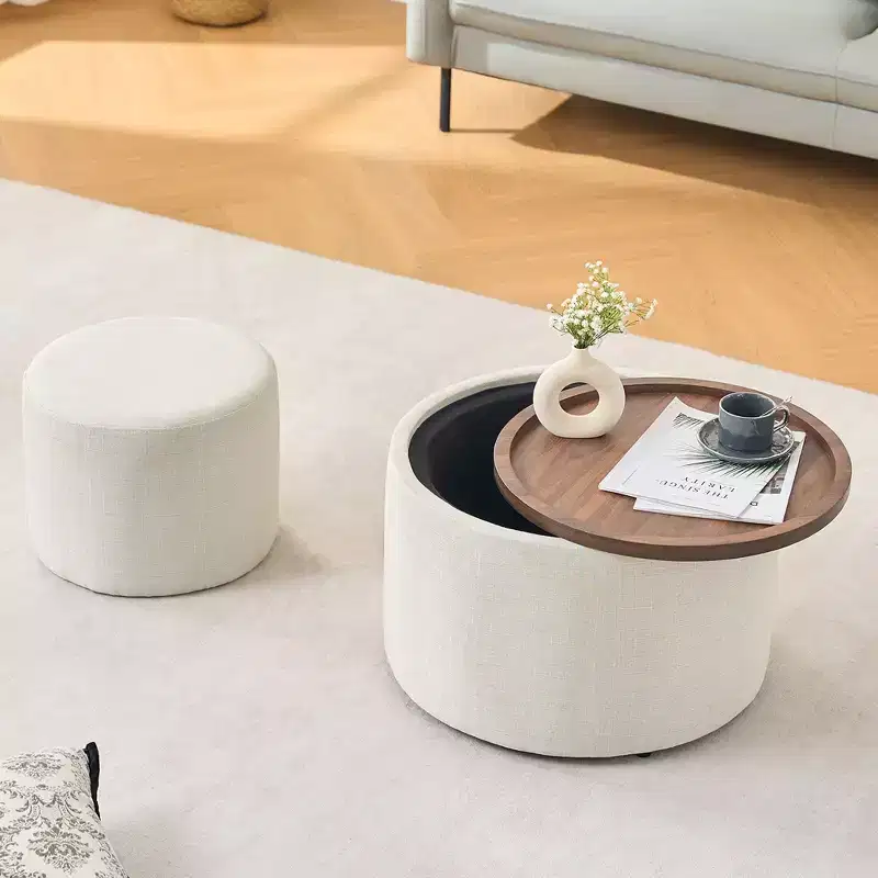 TUYOHW 2PCS Modern Nesting Ottoman with Storage Versatile Upholstered Storage Ottoman with Wood Tray Round Footstool for Living Room, Bedroom