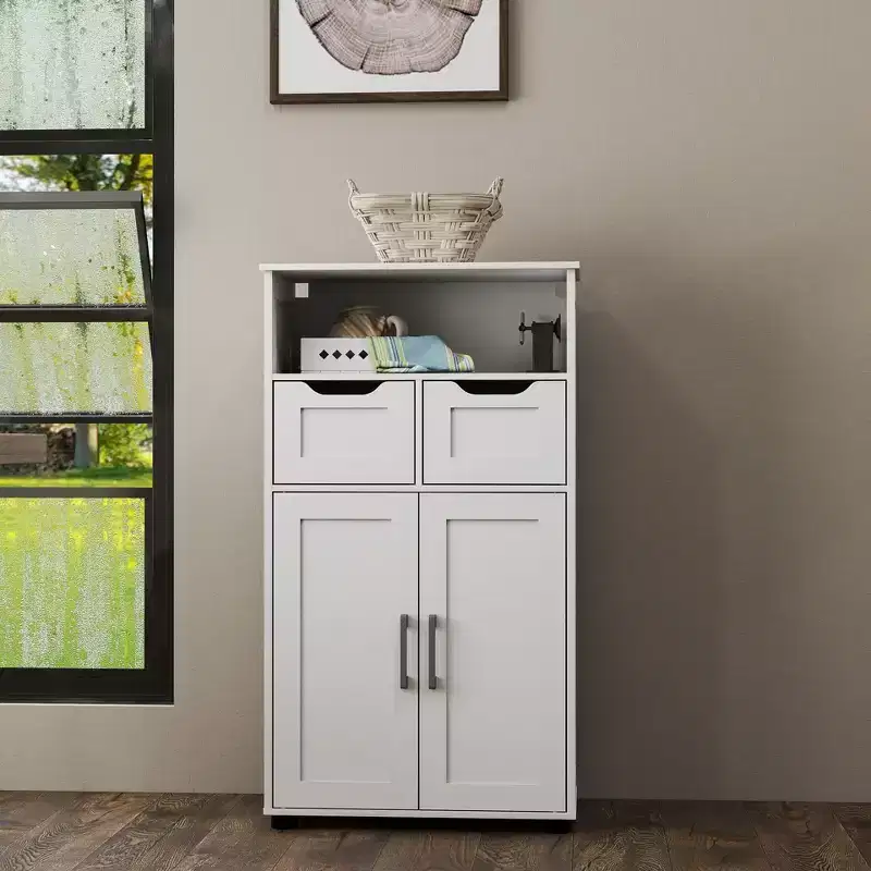 Freestanding Cabinet with Doors and Drawers - Adjustable Shelf Cabinet for Bathroom Essentials, Versatile Design Suitable for Kitchen Pantry White