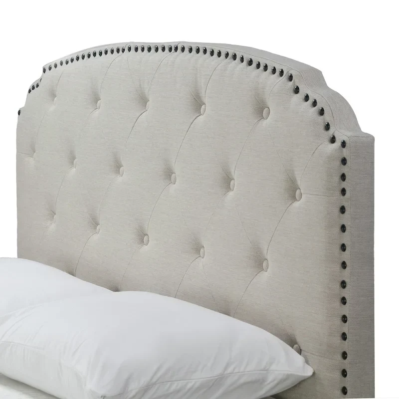 Queen Bed Frame - Beige Fabric with Button Tufting and Nail Head Trim