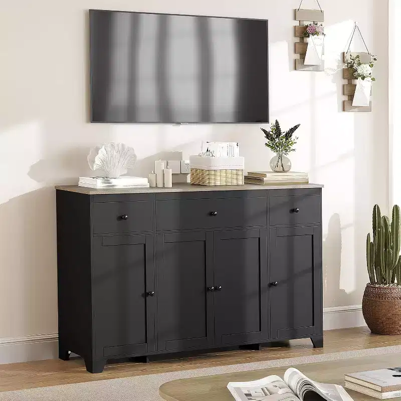 55in Large Sideboard Buffet Cabinet, Modern Wood Kitchen Coffee Bar with 4 Doors, 3 Drawers and Adjustable Shelves for Kitchen Dining Room