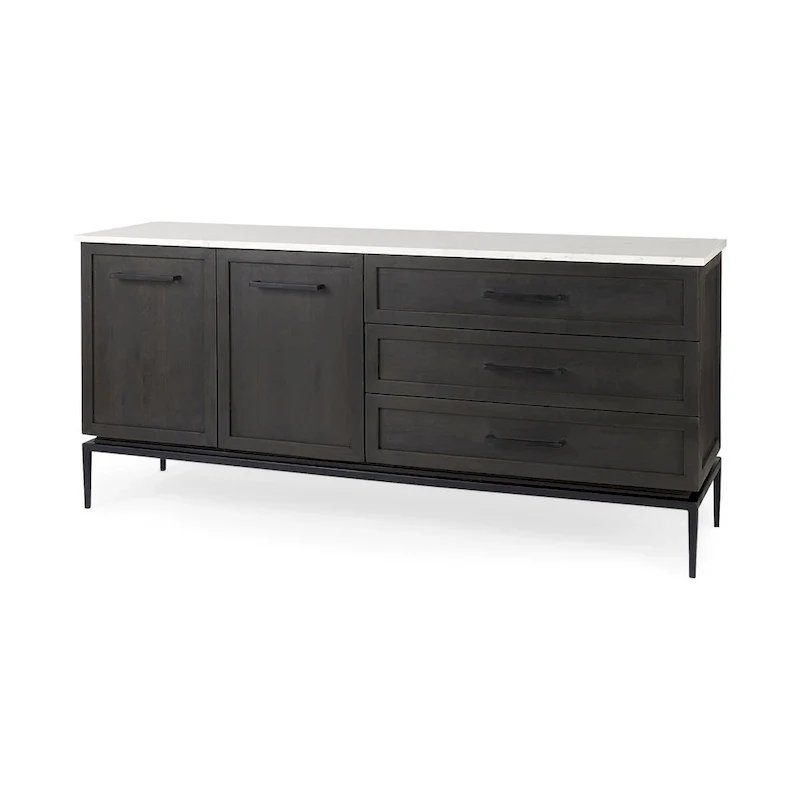Divina Dark Brown Wood w/ White Marble Top and Black Metal Base Sideboard - 71.0L x 18.5W x 32.0H