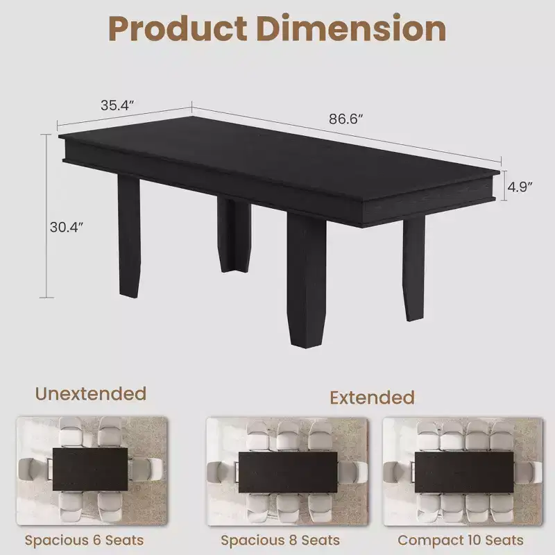 63 in-86.6 in Extendable Dining Room Table for 6-10, Farmhouse Kitchen Tables w/Wooden Sturdy Frame, Large Rectangular Dinner Table for Dining Room