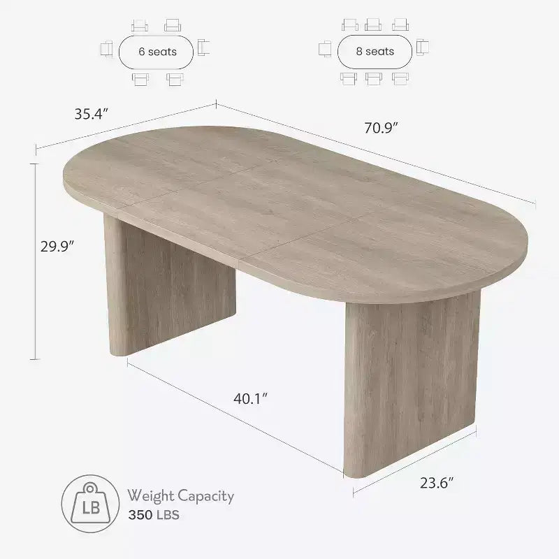 70.8 Inch Oval Dining Table for 6-8 People, Long Large Kitchen Table with Thick Sturdy Wooden Base, Farmhouse Dining Room Table for Kitchen