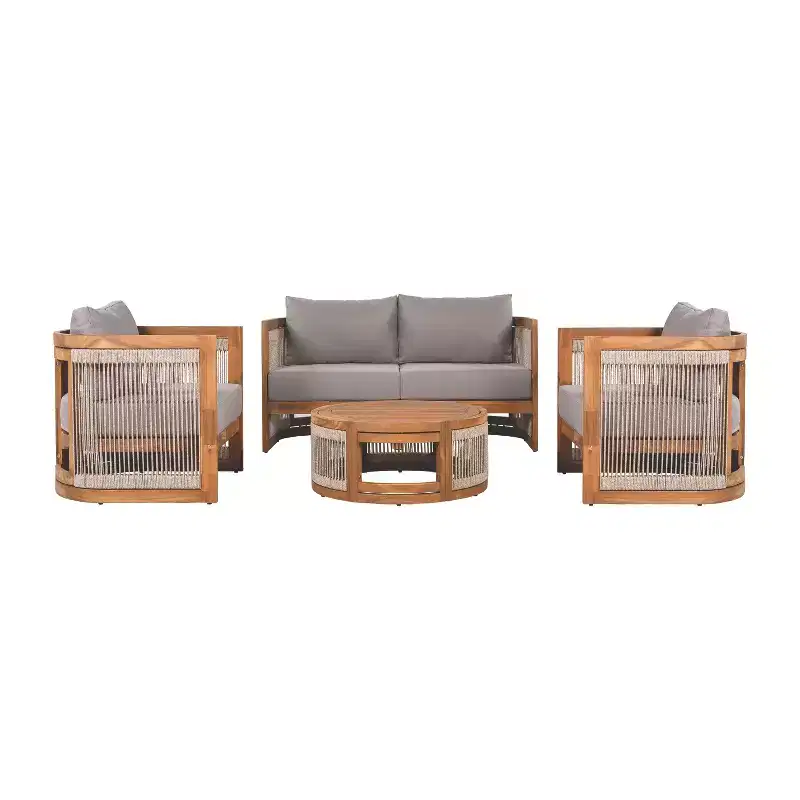 Christopher Knight Home Mads 4 Piece Outdoor Acacia Wood Curved Tub Design Seating Set with Woven Rope
