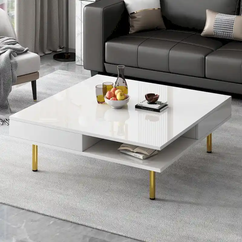 High Gloss Coffee Table: 4 Golden Legs, 2 Drawers, 2-Tier Square Design