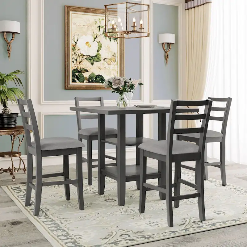 5-Piece Counter Height Wooden Dining Table Set with 4 Chairs & Storage