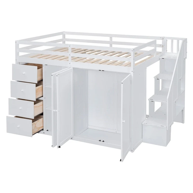 White Full Size Wood Loft Bed with Built-in Wardrobes, Cabinets and Storage Staircase