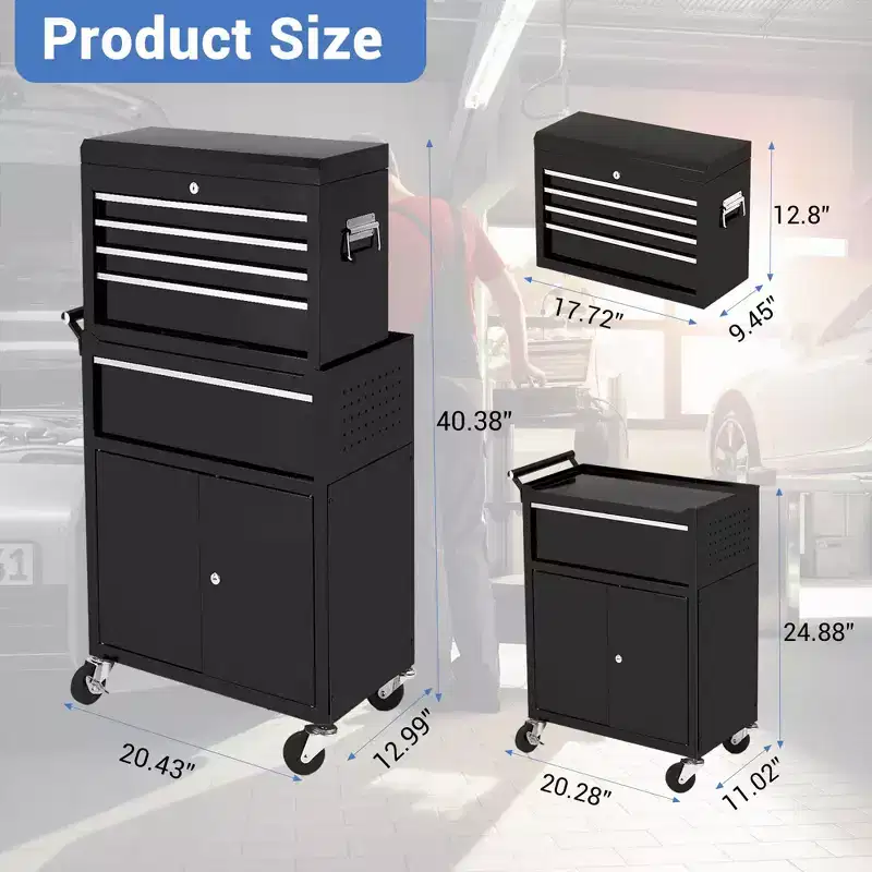 GustoWave 5-Drawer Tool Chest with Wheels, 1000LBS Capacity Mobile Tool Cabinet, 2-in-1 Tool Box, Lockable Storage Organizer for Garage