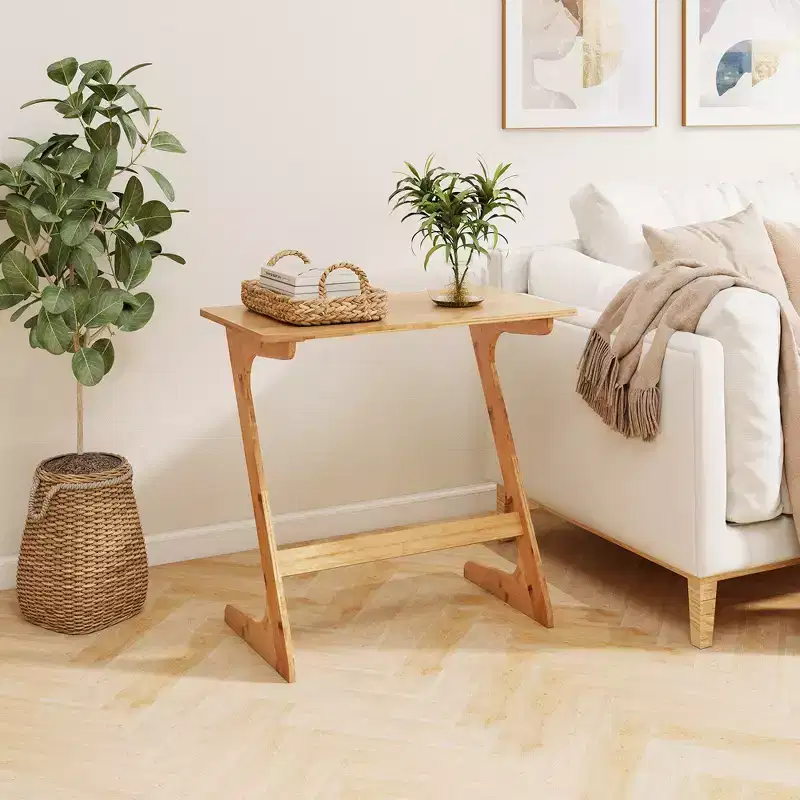 Costway 2 PCS Bamboo Sofa Side Table Z-Shaped Spacious Tabletop Space-Saving TV Snack Tray Natural/Brown