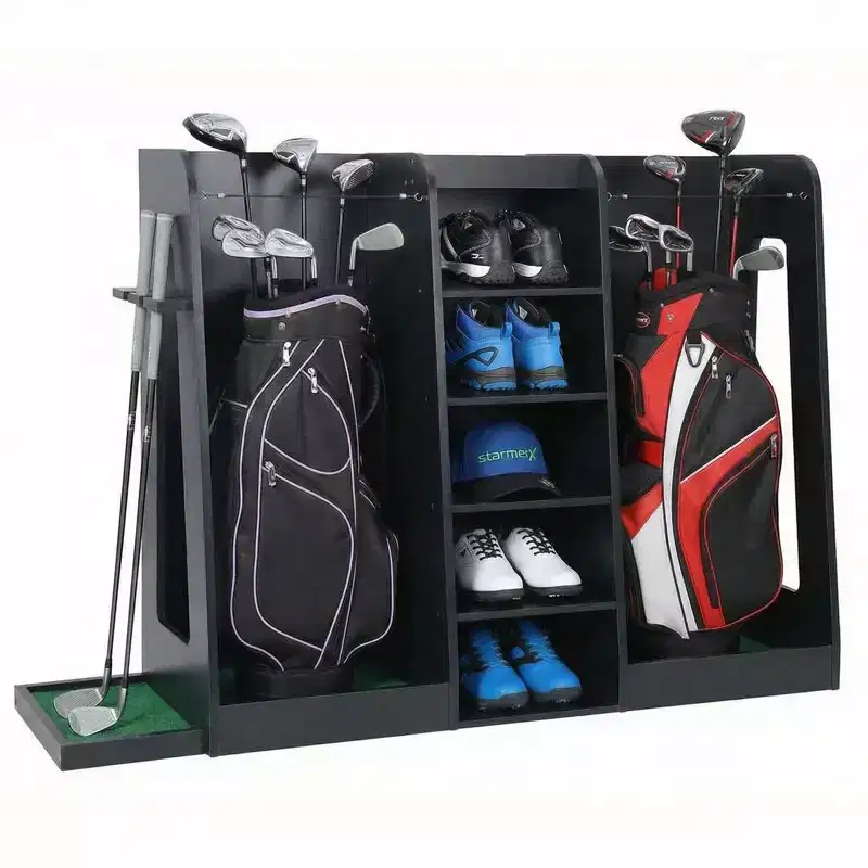 Wooden Golf Bag Organizer and Storage Rack, 2 Golf Bag Rack, Easy to Assemble Golf Club Holder/Stand with Club Holders on Side