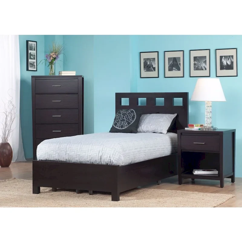 Platform Storage Bed with Rectangular Cutout Headboard �C Espresso Finish