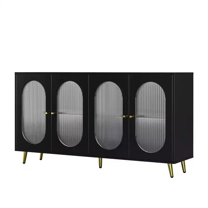 4-Door Decorative Storage Cabinet with Fluted Acrylic Doors & Metal Legs, Living Room Sideboard, Black