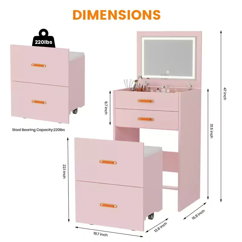Dressing Table Set With Stool, Multifunctional Cosmetic Table with Drawers, Space-Saving Dressing Table For Bedroom & Dressing Room