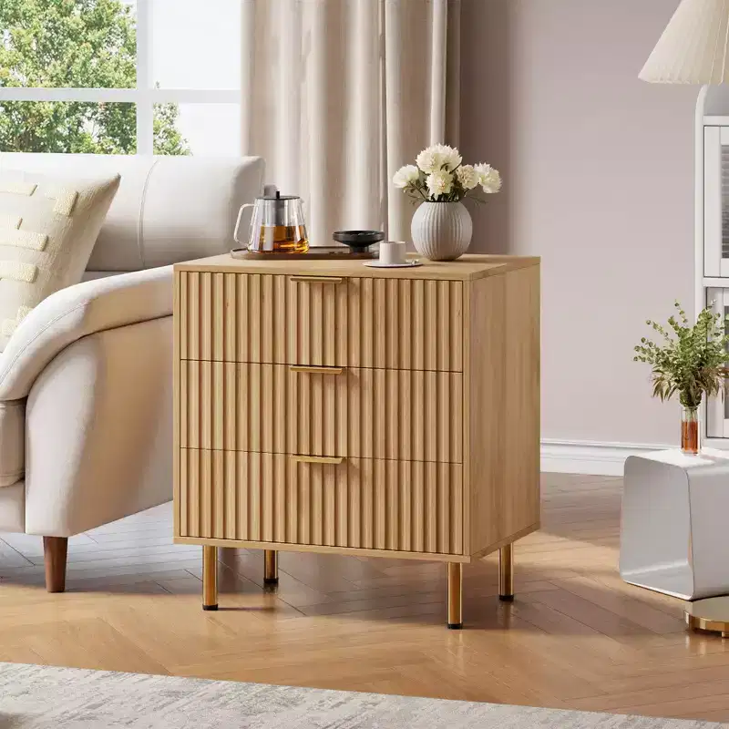 COZONY Natural 3 Drawer Dresser, Fluted Modern Nightstand with Deep Drawers & Wide Top