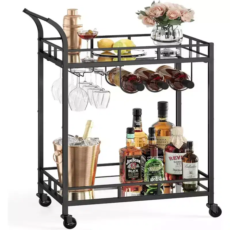 LEDREM Bar Cart, Home Bar Serving Cart, Wine Cart, Wine Holders, for Kitchen, Dining Room, Gold, Black, Silver, Rose Gold