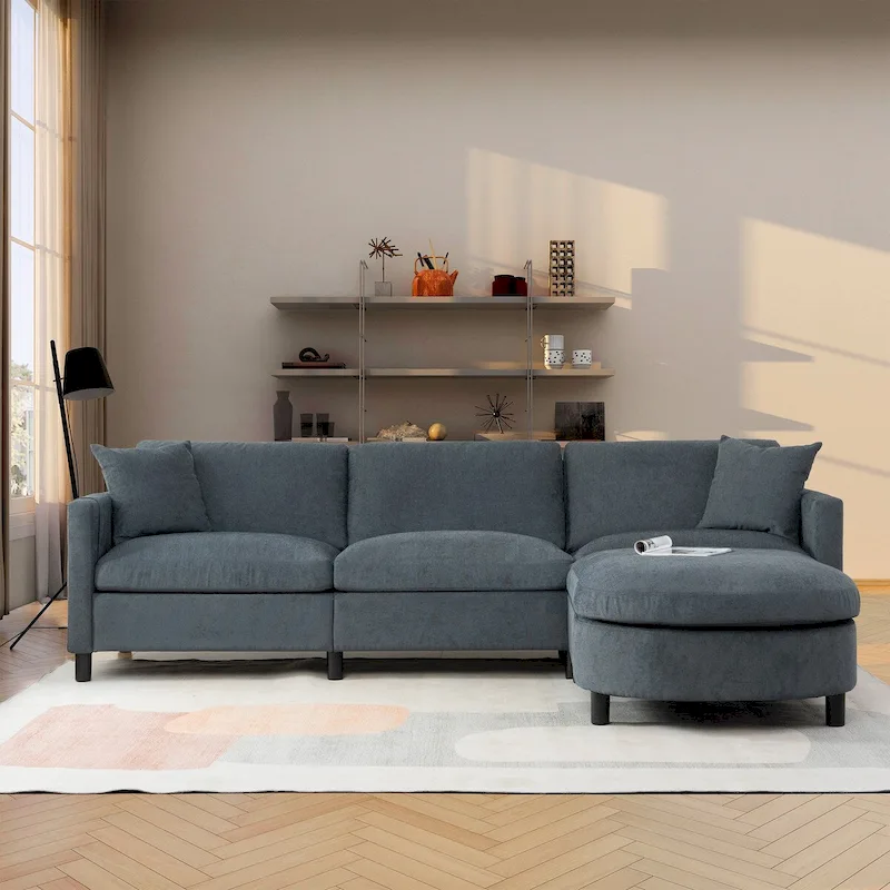 107.87 Sectional Sofa with Ottoman, Removable Cushions and Armrest Pockets,Dark Gray