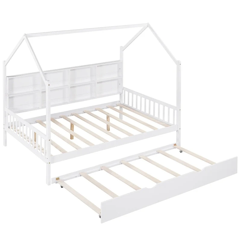 White Full Size Pinewood Kids House Bed with Trundle, Shelf & Roof