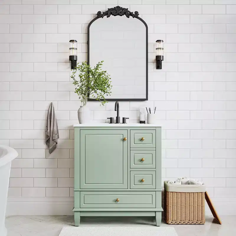 PexFix Light Green Bathroom Vanity Set with Arched Mirror 30 Inch Single Sink Vanity Cabinet with Soft-Close Doors & Drawers for Bathroom Storage