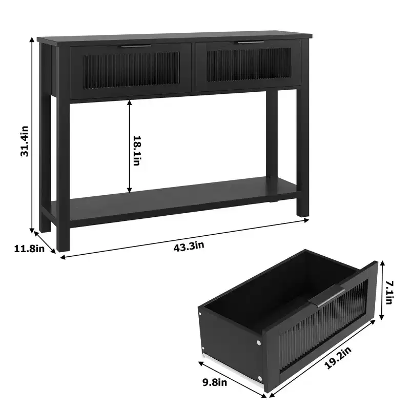 Black/Brown/Wood Color Modern Narrow Console Table with 2 Drawers, 2-Tier, 1-Person Assembly