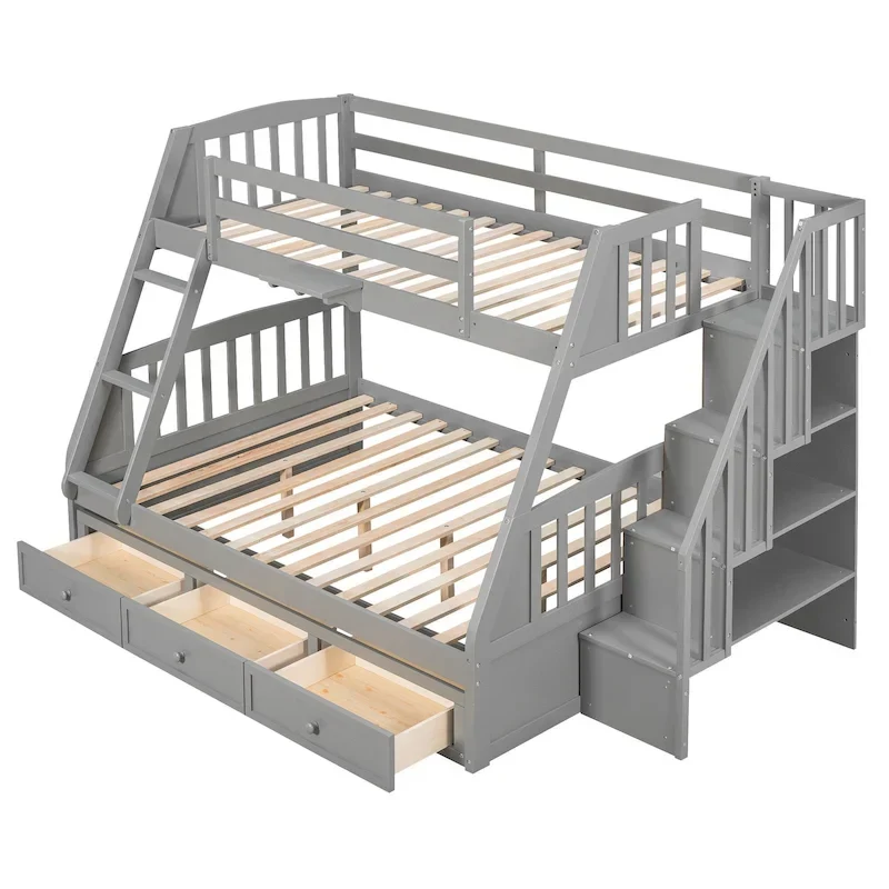 Twin-Over-Full Bunk Bed with Storage Drawers and Staircase