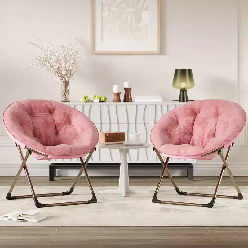 Coolmee Saucer Chair, Comfy Chair Faux Fur Lounge Moon Chair with Folding Metal Frame, Plush Flower Accent Seat for Bedroom, Dorm or Living Room
