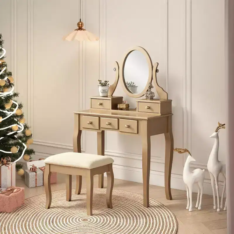 Okak Elegent Wooden Makeup Vanity with Padding Stool, Makeup Desk with Arched Legs and 5 Drawers, Dressing Table for Living Room