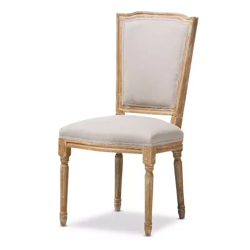 French Vintage Dining Chair �C Weathered Oak & Beige Linen, No Assembly